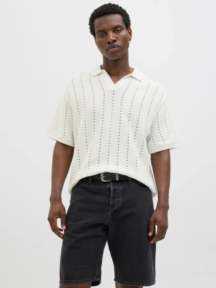 Jack&Jones Herren JORPAROS KNIT ESTER SS CROCHET POLO Hemd 12272562 SEA SALT