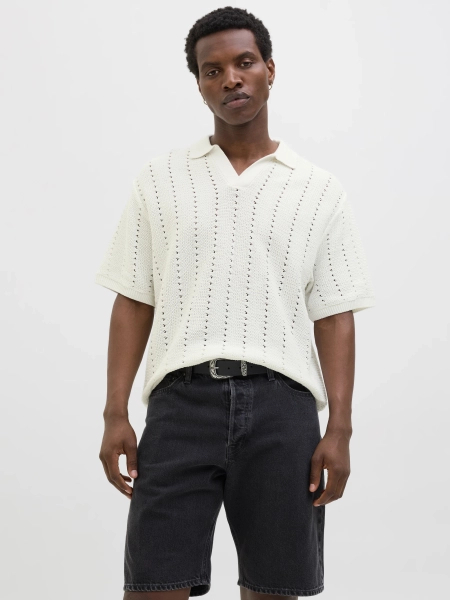 Jack&Jones Herren JORPAROS KNIT ESTER SS CROCHET POLO Hemd 12272562 SEA SALT